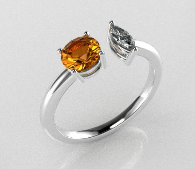 Render de un anillo plateado con dimante y piedra color ambar. Diseño personalizado de Mena Fine Jewelry.