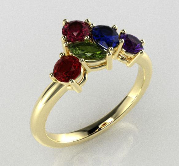 Render de un anillo dorado con gemas de colores (rubí, zafiro, amatista y peridoto) diseño exclusivo de Mena Fine Jewelry.