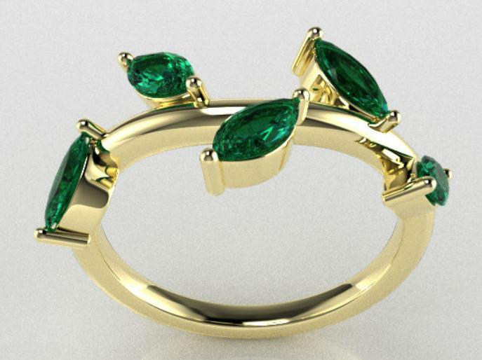 Render de un anillo de oro con cinco esmeraldas corte marquesa, diseño delicado de Mena Fine Jewelry